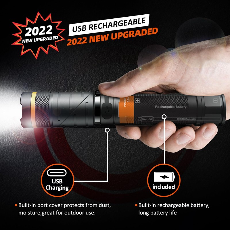 NICRON Flashlights,Rechargeable Magnetic LED Flashlights,1200 High lumens Tactical Flashlight,White/Red/Green Lights