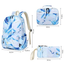Imyth 3Pcs colorful Backpack sets for Teen Girls, Cute Bookbag School Daypacks for Elementary Middle Students (Marble Blue)