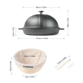 HAWOK Cast Iron Bread Oven with Cloche Lid, Dia. 11.8inch/30cm, with Proofing Basket Dough Scoring Knife, Sourdough Baking Pan Pre-seasoned Black