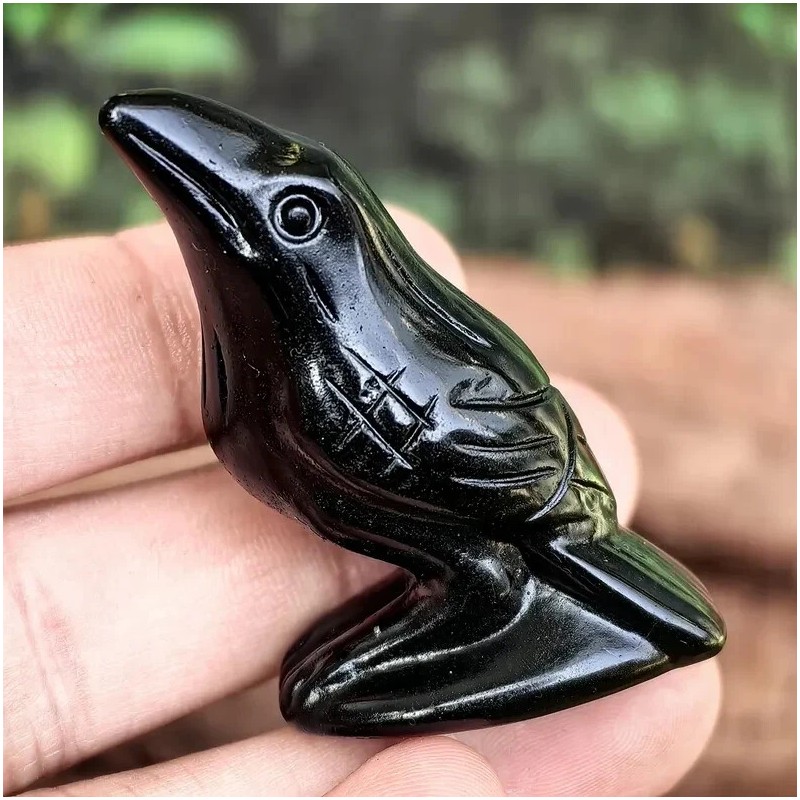 Natural Black Obsidian Crow Hand Carved Raven Skull Guardian Statue