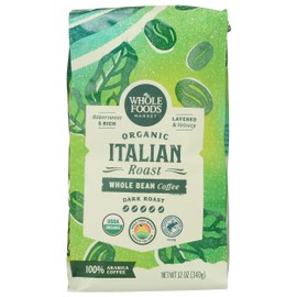 Whole Foods Market, Organic Whole Bean Coffee, Dark Italian Roast, Bittersweet, Rich & Velvety, 12 Ounce