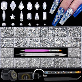 4300Pcs Crystal Nail Rhinestones Kit, Silver Crystal Glass AB Rhinestone Stone Multi Shape Beads Flatback Glass Gems Stones with Nail Glue and Gel,Pen brush tweezers and pickup brush for nails