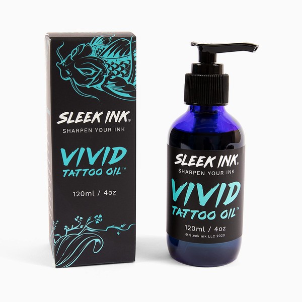 Sleek Ink Vivid Tattoo Oil: All-Natural tattoo aftercare, tattoo brightener, tattoo color enhancer, rejuvenate older tattoos, keep newer tattoos looking sharp & promote healthy skin with NO harmful chemicals.