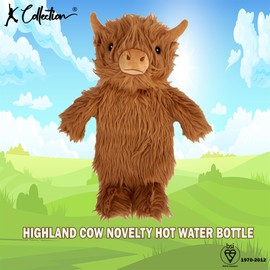 K Collection 3D Novelty Hot Water Bottle with Removable Cover - Highland Cow Design - Soft Plush Cover - Premium Natural Rubber