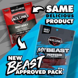 Jack Link’s x MrBeast Beef Jerky, Peppered Beef Jerky, As Seen on Beast Games, 11g Protein, Made with 100% Real Beef, Pantry-Ready Snacks, 10 Count