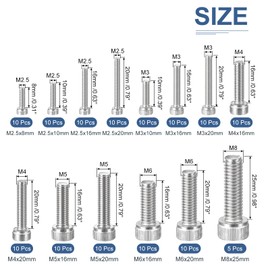 DTGN 135Pcs Metric Screw Assortment, M2.5 M3 M4 M5 M6 M8 Bolts Socket Head Screws, 304 Stainless Steel Hex Socket Head Cap Screws Bolt Set for 3D Printing DIY