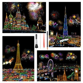 LIANHATA Scratch Art 4-piece Set with Ultra-Fine Scratch Pen, 21*29cm A4 Size Scratch Paper, Rainbow Picture, Night Scene, Fireworks, Ferris Wheel, Flower Field, Carving Art, DIY, Simply Scratch to