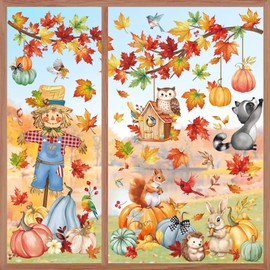 wondever Window Sticker Autumn Pumpkin Leaves Window Sticker Thanksgiving Scarecrow Animals Window Stickers Anti-Collision Double-Sided Glass Sticker Glass Decoration