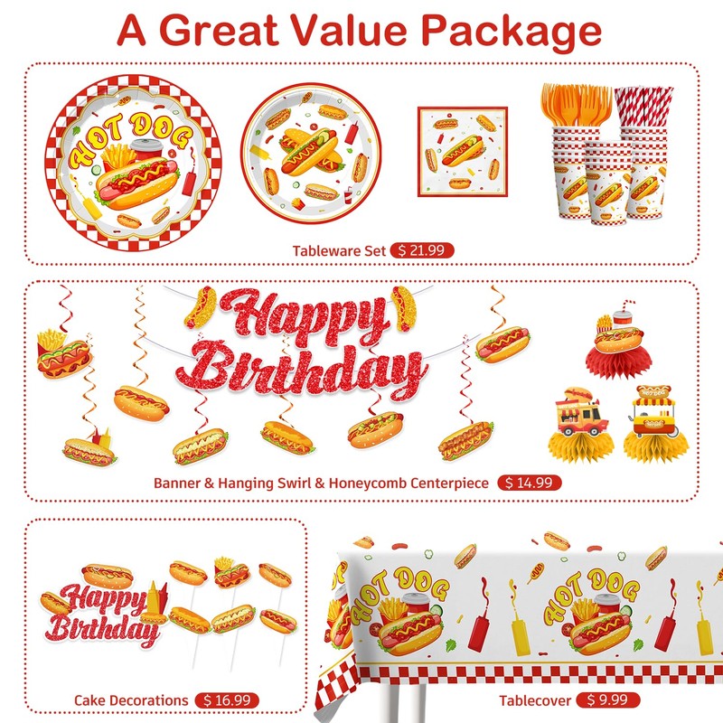 wellspar 191Pcs Hot Dog Party Decorations Tableware Set, 25 Serves