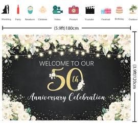Crefelimas White Floral 50th Anniversary Backdrop for 50 Years Marriage Celebration Love Party Background 50th Wedding Anniversary Decorations Copper Grommets Banner