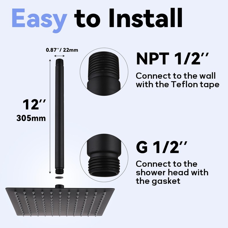 12 Inch Ceiling Mounted Shower Arm with Large Flange, Matte