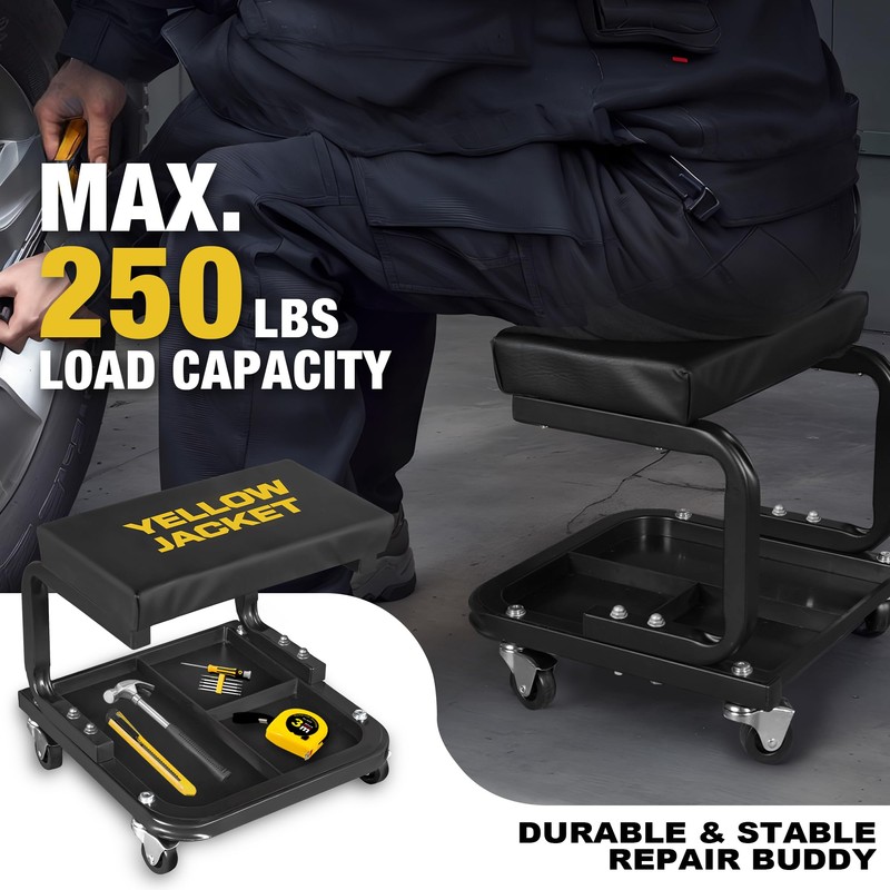 YELLOW JACKET Mechanic Rolling Stool 250 Lbs Capacity, Garage Stool