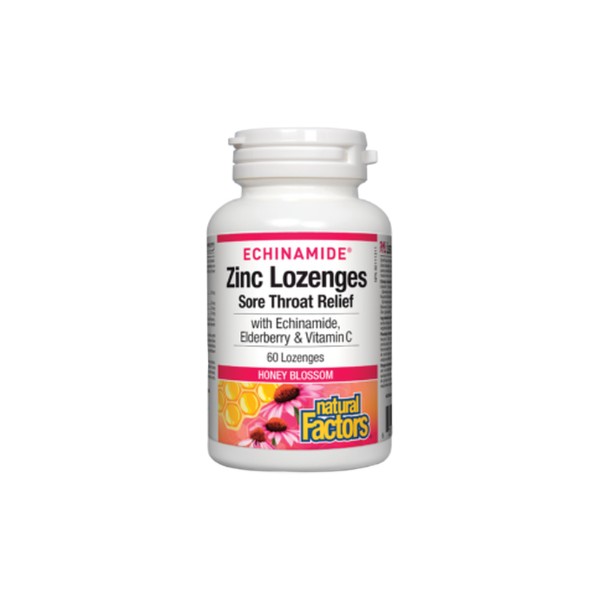 Natural Factors Echinamide Zinc Lozenges Sore Throat Relief (Honey Blossom) - 60 Lozenges