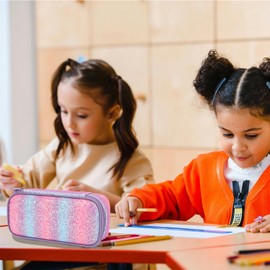 FlowFly Large Capacity Pencil Case for Kids, Boys & Girls – Zippered Multi-Functional Pen Pouch, Soft & Portable Pencil Bag for School, Teens, Students, Purple#Glitter