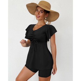Fanuerg - Traje de baño tankini para mujer, con volantes, con pantalones cortos, control de abdomen, dos piezas, Negro -, M