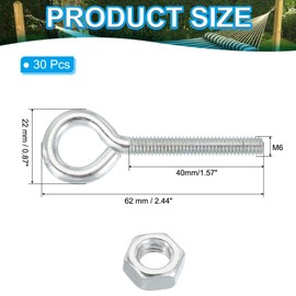 sourcing map Threaded Eye Bolts M6x40 Carbon Steel Eye Hooks Screws with Hex Nuts for Metal Hook Wood Terminal Ring Hooks Hanging, Pack of 30