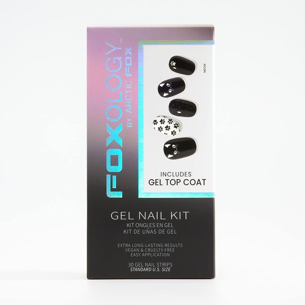 FOXOLOGY BY ARCTIC FOX VEGAN AND CRUELTY FREE SEMI CURED GEL NAIL POLISH STRIP KIT INCLUDES 30 NAIL STRIPS, AN ALCOHOL FREE NOURISHING PREP PAD, A GEL TOP COAT, A WOODEN CUTICLE STICK, AND A NAIL FILE (MEOW)