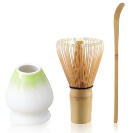 Matcha Tea Set Bamboo Matcha Whisk, Ceramic Whisk Holder, Tea Scoop, Japanese Matcha Tea Tool Kit Set of 3(Green and White)