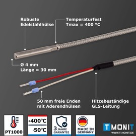 Tmonit - PT1000 Rauchgasfühler Temperaturfühler mit GLS-Leitung | bis 600°C | 1-5 Meter | Temperatursensor Fühler Kabelfühler | Made in Germany