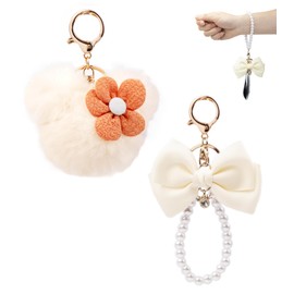 HONYJOOM Cute Keychain, Off White Keychain, Mouse Ear Fluffy Keychain Accessories Bow Backpack Purse Charm, Wristlet Keychain (White Keychain)
