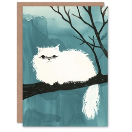 Artery8 Perched on Tree Branch White Persian Cat Lover Blank For Him Or Her Art Birthday Card