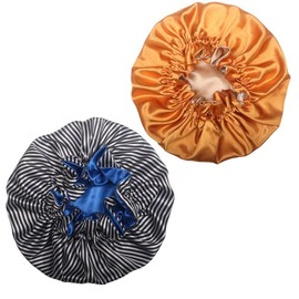 Hanbertti 2 Packs Double Layers Satin Sleeping Bonnet Adjustable Satin Hat Silk Bonnet Reusable Bath Hair Cap for Curly Hair（Stripe+Golden)