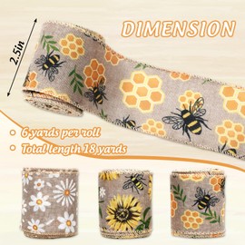 FYSUIMU 3 Roll Floral Wired Edge Ribbon Daisy Sunflower Bee Fabric Ribbon Spring Summer Craft Ribbon for Wedding Baby Shower Wreath Bow DIY Crafts, 18 Yards