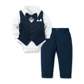 YALLET Baby Boy Clothes Suit 0-24 Months Infant Gentleman Outfits Formal Dress Shirt+Bowtie+Vest+Pants Set Baby Wedding Suits Navy Blue