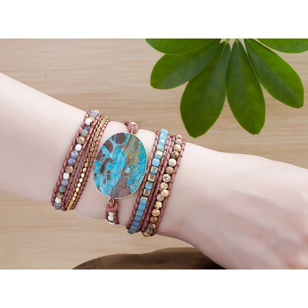Ocean Turquoise Charm Bracelet,  Crystal Healing Yoga Bracelet, Ocean Jasper Stone Bracelet