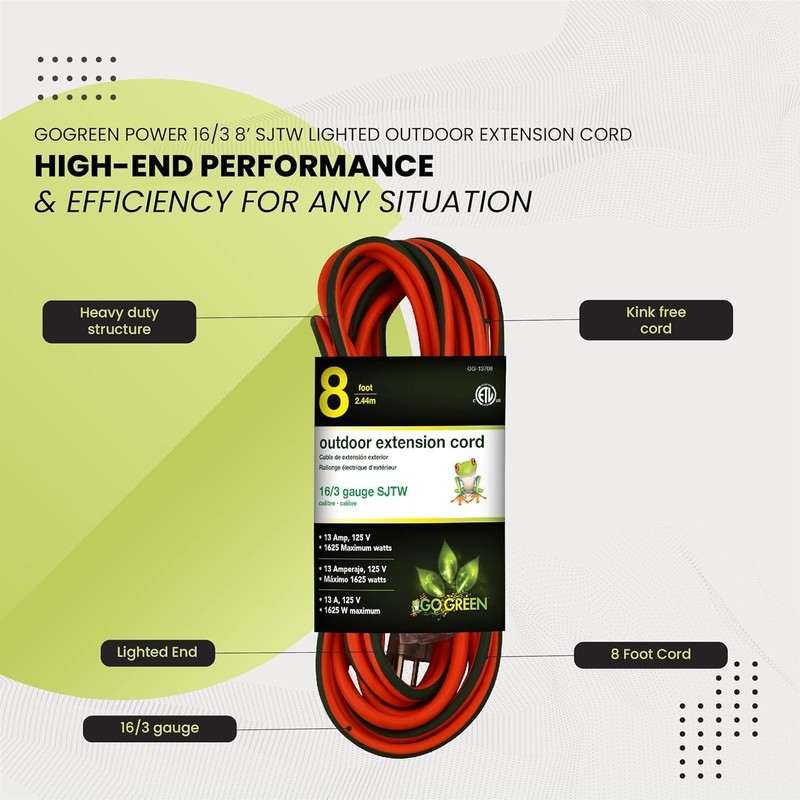 GoGreen Power Inc. (G-13708-2) 16/3 8' Heavy Duty Extension Cord