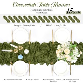 15 Packs Cheesecloth Table Runner Olive Green Semi-Sheer Table Runner 55x300cm, Dark Green Rustic Gauze Boho Table Runner, Wedding Table Decor Table Cloth for Bridal Shower Party Wedding Holiday