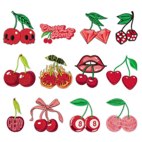 Kirako 12Pcs Cherry Iron on Patches Cute Fruit Cherry Bomb