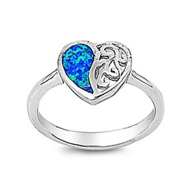 DoubleAccent Sterling Silver Simulated Blue Opal Filigree Heart Ring 11mm (Size 6 to 10), 7