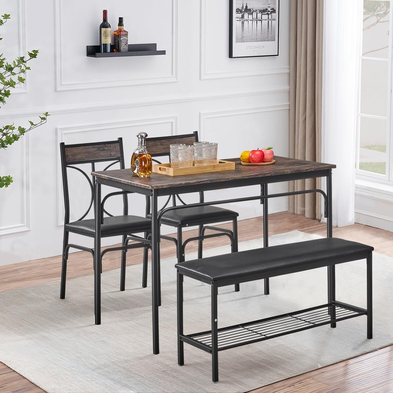 VECELO Kitchen Dining Table Set with Upholstered Bench & 2