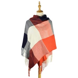 heekpek Winter Long Soft Warm Tartan Check Scarves Wraps for women Wool Spinning Tassel Shawl Long Stole， Red Blue， One Size