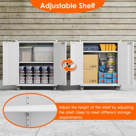 JAORD Garage Storage Cabinet with Wheels,Lockable Metal Storage Cabinet on Wheels, Pegboard for Office Home Warehouse, Assembly Required, White,13.8 "D x 26" W x 34.3" H