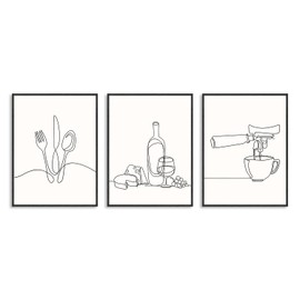 Dazzlewall Set of 3 Minimalist Line Kitchen Wall Pictures, Black White Abstract Line Canvas Pictures for Dining Room, Coffee, Bar, Living Room Decoration, 30 x 40 cm, Unframed