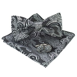 Jemygins Paisley Bow Tie, Men’s Pocket Handkerchief and Cufflinks Set - Black & white, size: m