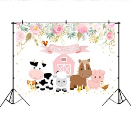 Lofaris Pink Farm Animals Birthday Photography Backdrop Girls Birthday Barnyard Theme Background Cute Farmhouse Flower Princess Birthday Newborn Baby Party Decorations Photo Booth Props 7x5ft