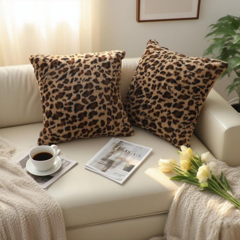 QIFONIX Leopard Print Throw Pillow Covers,Plush Faux Fur (Brown,18" x