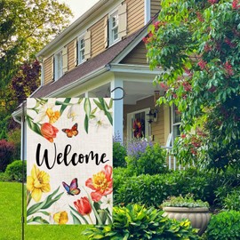 zeevly Spring Floral Garden Flag 12x18 Inch Double Sided Daffodils Tulips Welcome Small Burlap Yard Flag for Outside