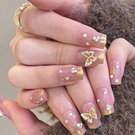 BABALAL Square Press on Nails Medium Fake Nails Pink Glue on Nails Golden Chrome 3D Butterfly Charm Design Acrylic Nails 24Pcs Squoval Stick on False Nails