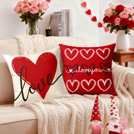 Valentines Day Decorations-Valentine Pillow Covers 20x20 Set of 4, Red Hearts I Love You Happy Valentine's Day Throw Outdoor Pillow Covers Anniversary Wedding Cushion Case for Home Sofa Couch Decor