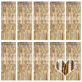 Pack of 10 Champagne Gold Tinsel Curtains, 1 x 2.5 m Tinsel Curtain, Foils, Fringe, Metallic Tinsel Curtain for Birthday, Party Decoration, Engagement, Wedding, Christmas, New Year Decoration