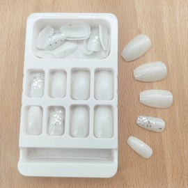 Coffin Press on Nails Short Cute Glitter Sequins Fake Nails Silver Glitter Acrylic Nails Press ons Reusable Stick Glue on Nails for Women and Girls Daily Wear 24 Pcs