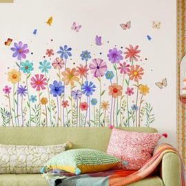 Lekabee Flowers Butterflies Wall Decals,Chrysanthemums Botanical Wall Stickers Fairy Decals, PVC Removable Wall Art Decals for Girls Bedroom Nursery Decor