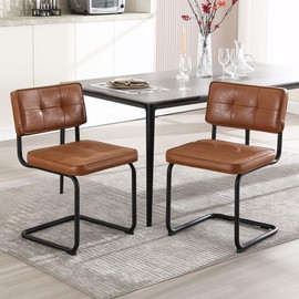 Zesthouse Industrial Metal Dining Chairs Set of 2, Upholstered Leather Kitchen Chairs with Black Metal Base, for Kitchen & Dining Room Living Room, Mid Century Breuer Design Inspired, Armless, Brown