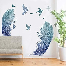 COVPAW® Wall Sticker XXL Blue Feather Wall Sticker Mural Pictures Living Room Bedroom Decoration