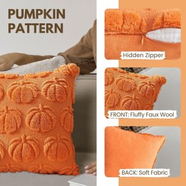 ICONSHOPS Fall Throw Pillow Covers, Set of 2 Soft Plush Faux Fur Decorative Fall Decor Accent Cushion Couch Cover, Sofa, Bedroom, and Farmhouse Home Decor (Orange Pumpkin, 18" X 18" (Pack of 2))