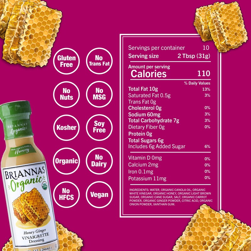 BRIANNAS - Organic Honey Ginger Vinaigrette Dressing - Certified Kosher